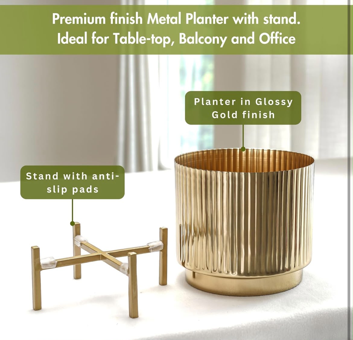 Gold Fluted Metal Planter & Stand Set AH-128 Moradabad